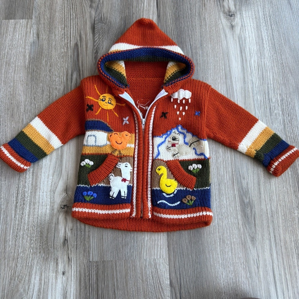 Handmade Peruvian Zip Farm Animal Sweater Cardigan Multicolor Hooded 18m Toddler
